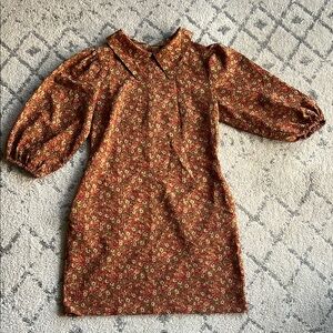 Brown Sheath Dress with Notched Collar and Bishop Sleeves